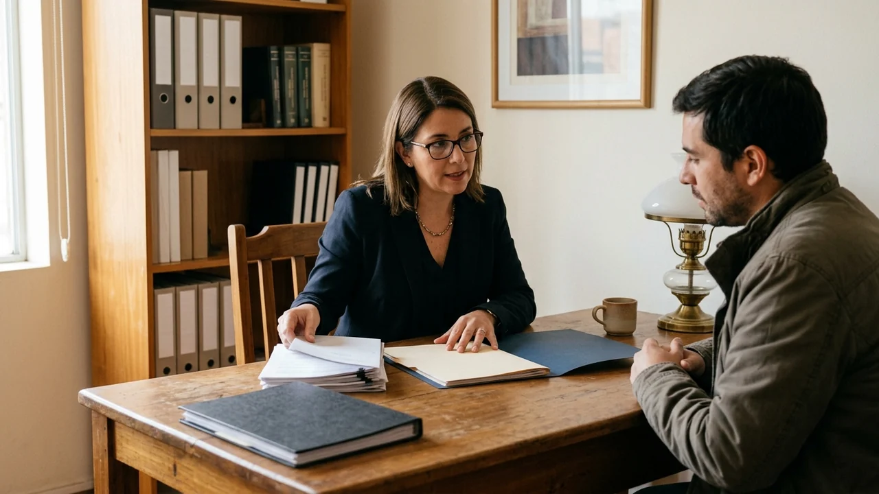 Profesional legal y cliente ordenan antecedentes de una propiedad en un escritorio de oficina.