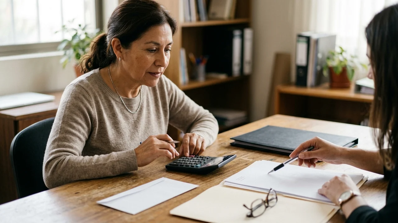 Una mujer y una asesora revisan documentos sin texto legible junto a una calculadora sobre un escritorio.