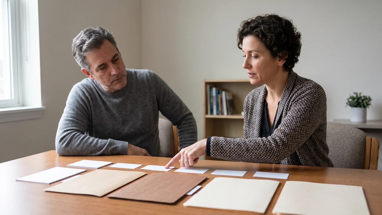 Dos personas revisan carpetas y tarjetas sin texto en una mesa de reunión iluminada naturalmente.