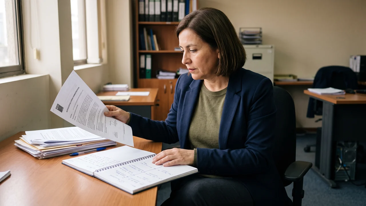 Persona revisando documentos y antecedentes ordenados en un escritorio de oficina.