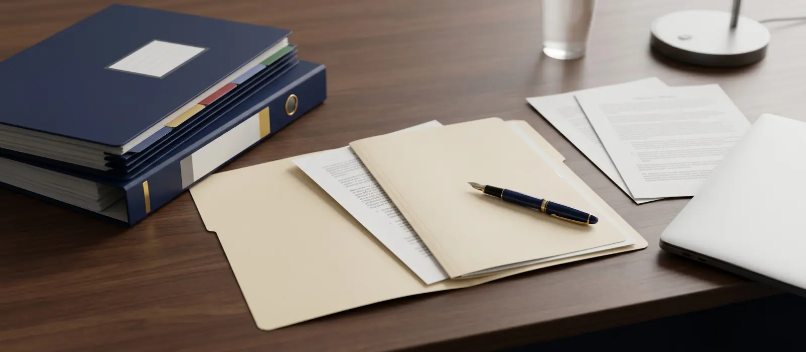 Documentos administrativos sobre una mesa de trabajo jurídica