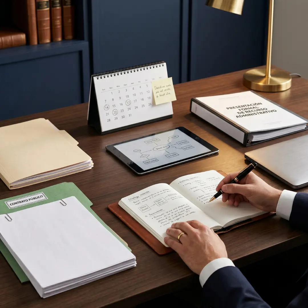 Mesa de trabajo con expediente, contrato y notas de estrategia legal