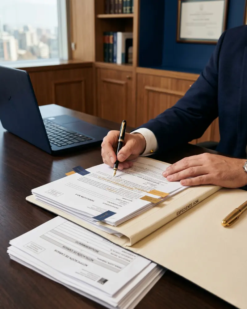 Abogado revisando la notificación y el expediente de un sumario administrativo